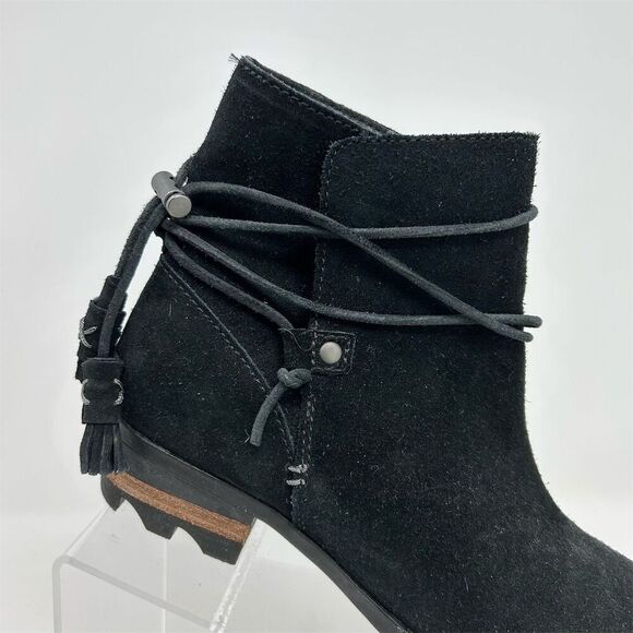 Sorel Farah Black Suede Pull On Ankle Boots Size 7.5 Back Tassel Design - Picture 2 of 12